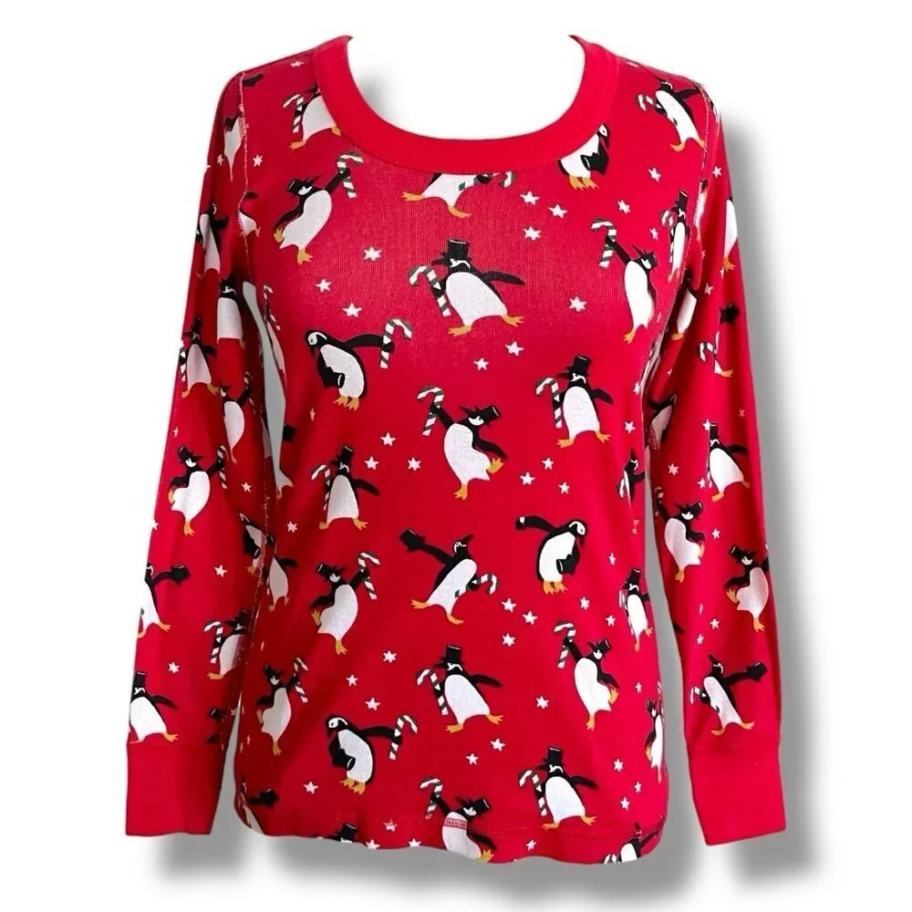 Hanna Andersson Womens Pajama Top Sz Small Red Organic Cotton Penguin Candy Cane